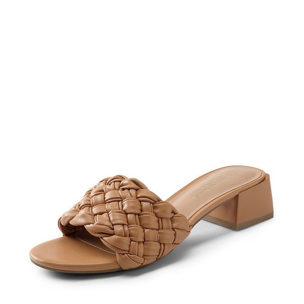 Braided Low Block Heel Slides Sandals - BROWN -  0