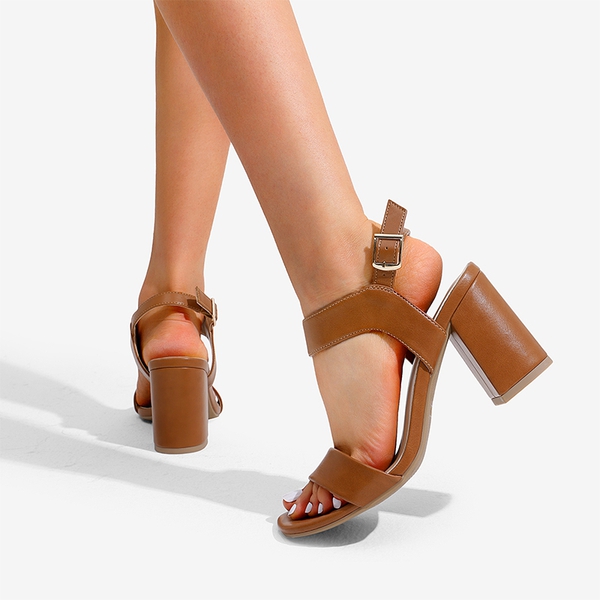 High Heel Square Toe Chunky Strap Sandals - BROWN - 2