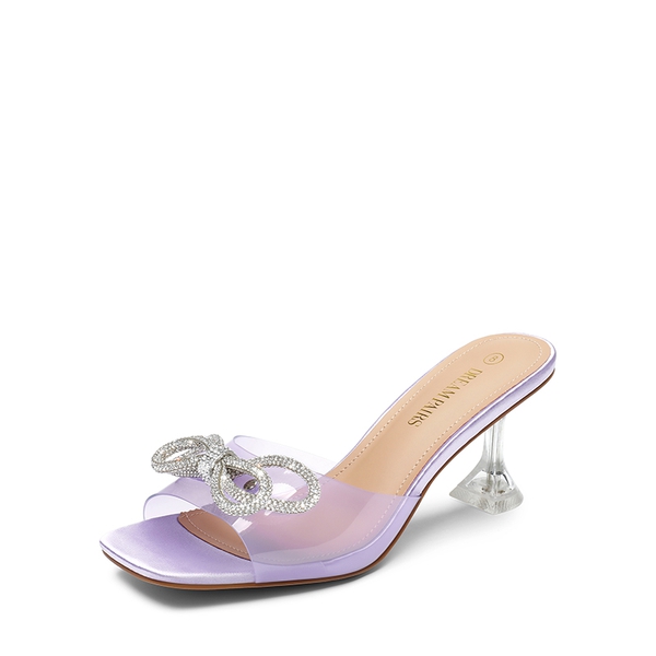 Satin Double Bow Square Toe Transparent Heel Sandals - PURPLE -  0
