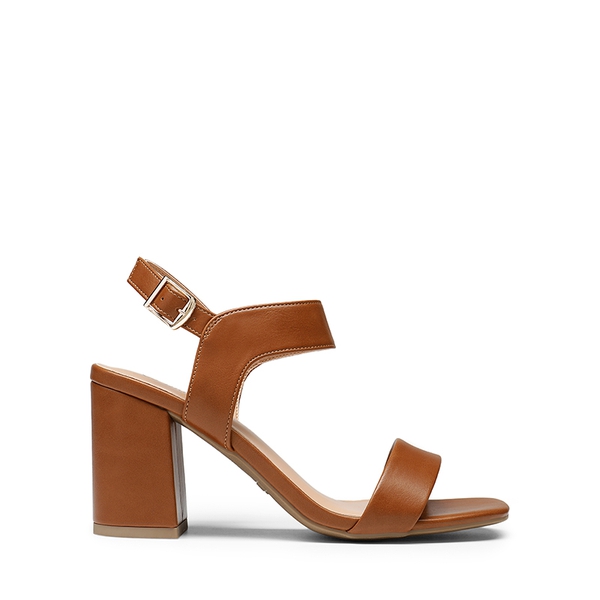 High Heel Square Toe Chunky Strap Sandals - BROWN - 3