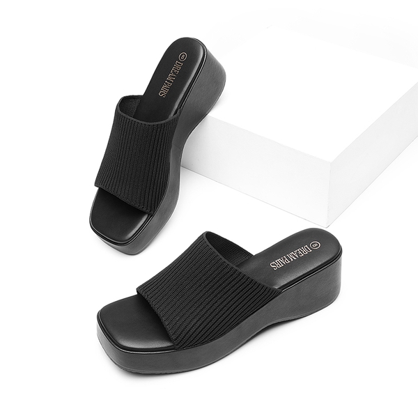 Slip on Knitted Flatform Sandals - BLACK KNIT - 4
