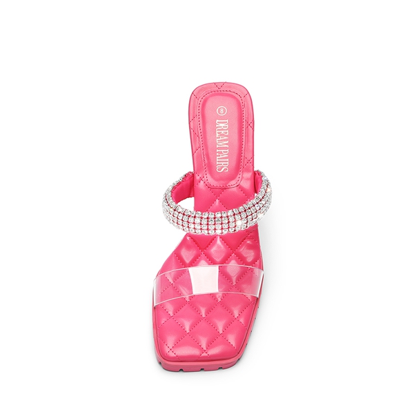 Rhinestone Strap Quilted Heel Sandals - HOT PINK - 4
