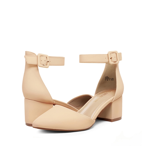 Wide Width Ankle Strap Chunky Low Heel Pumps - NUDE NUBUCK - 3