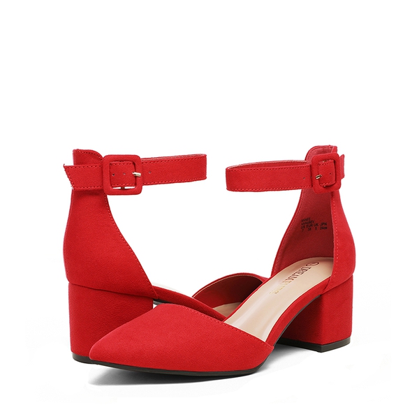 Annee Pointed Toe Low Chunky Heels Pump Shoes - RED SUEDE - 3