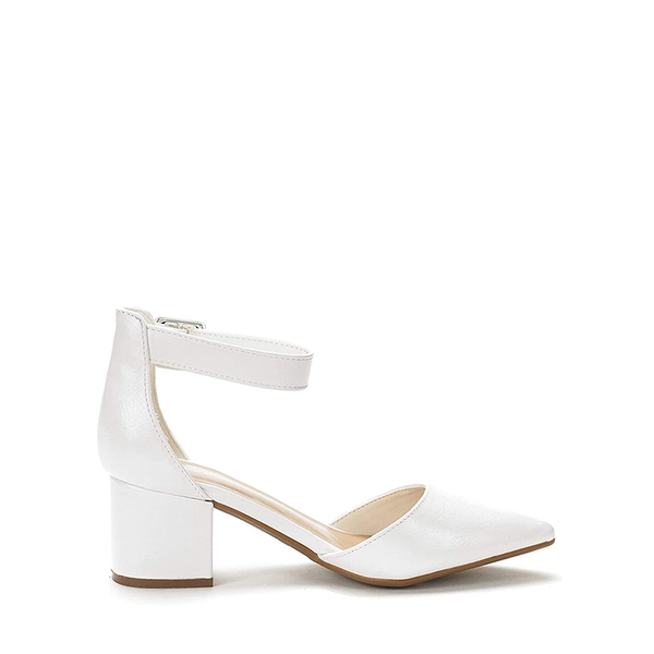 Wide Width Ankle Strap Chunky Low Heel Pumps - WHITE PU - 1