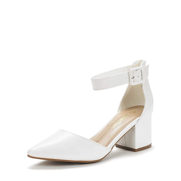 Wide Width Ankle Strap Chunky Low Heel Pumps - WHITE PU -  0
