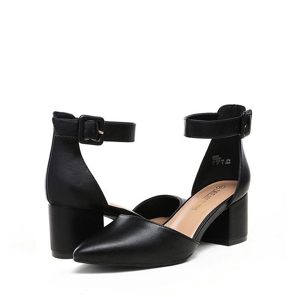 Annee Pointed Toe Low Chunky Heels Pump Shoes - BLACK PU - 3