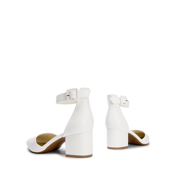 Wide Width Ankle Strap Chunky Low Heel Pumps - WHITE PU - 4