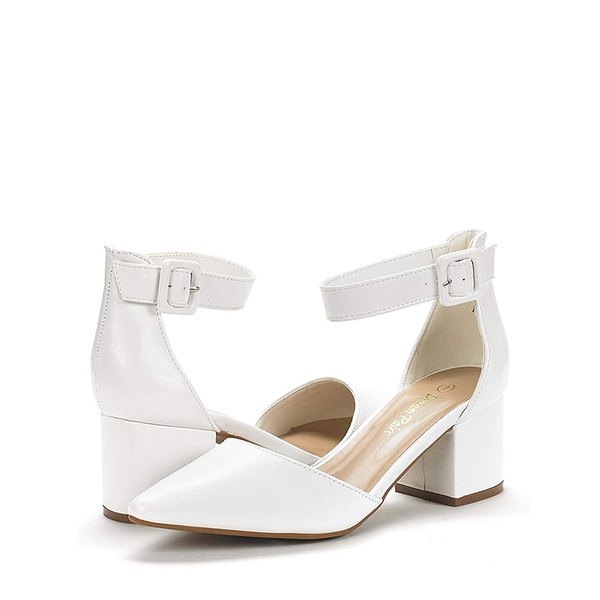 Wide Width Ankle Strap Chunky Low Heel Pumps - WHITE PU - 3