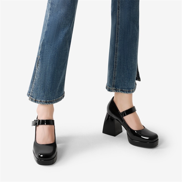 Square Toe Mary Jane Platform Pumps - BLACK PAT - 1