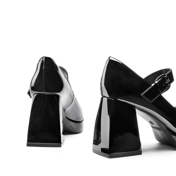 Square Toe Mary Jane Platform Pumps - BLACK PAT - 4