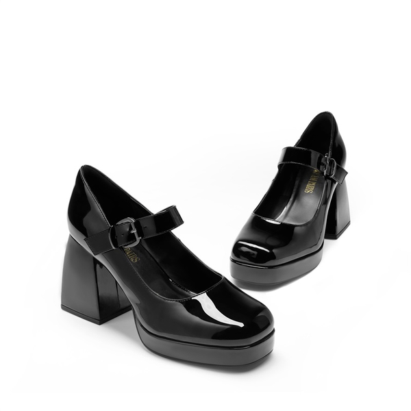 Square Toe Mary Jane Platform Pumps - BLACK PAT - 3
