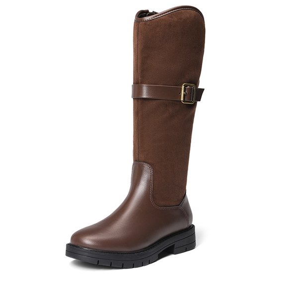 Kids Buckle Knee High Riding Boots - BROWN -  0