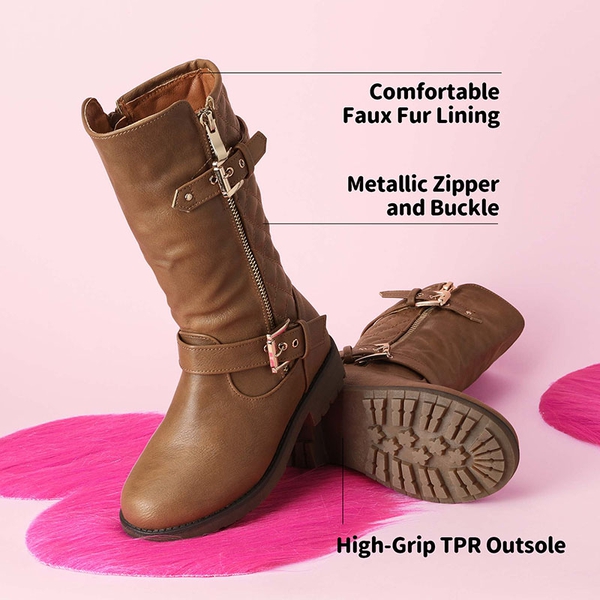 Girls Faux Winter Riding Boots - TAN - 3