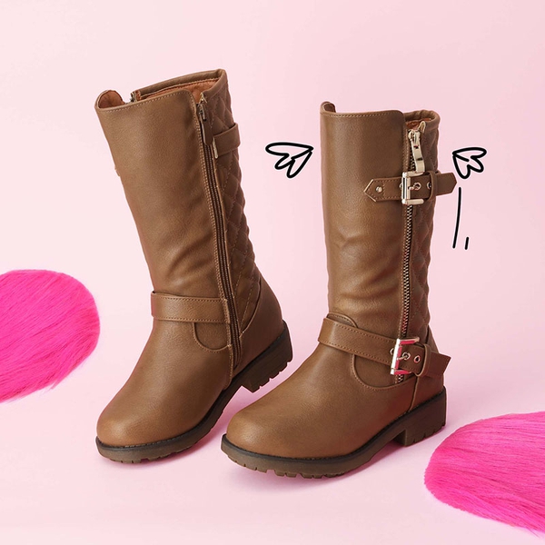 Girls Faux Winter Riding Boots - TAN - 1