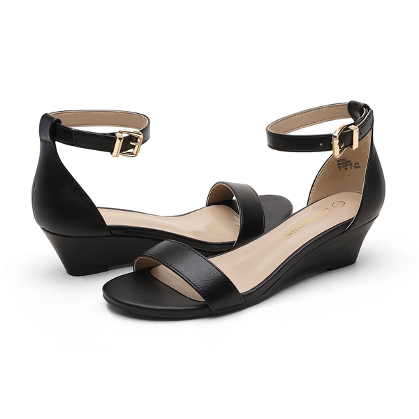 Open Toe Low Wedge Sandals - BLACK PU - 1