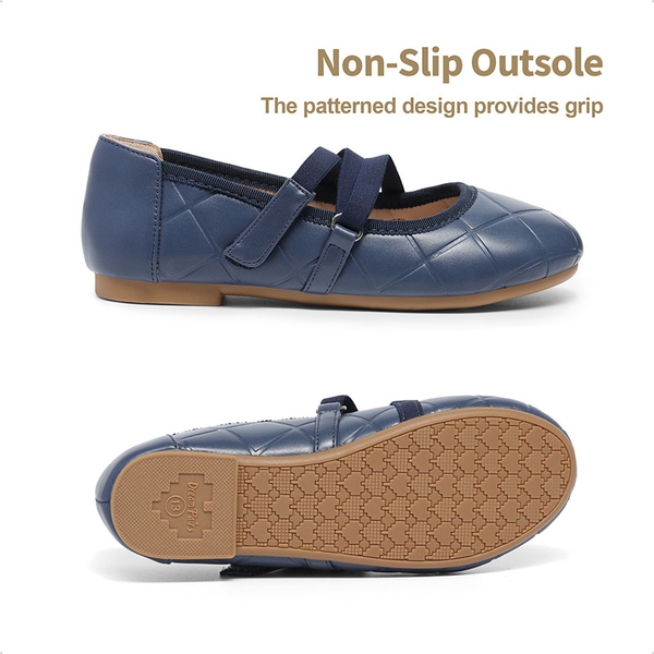 Girls Stitched Detail Elastic Crossover Straps Flats - NAVY - 1