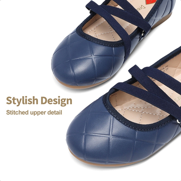 Girls Stitched Detail Elastic Crossover Straps Flats - NAVY - 2