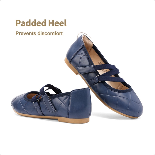 Girls Stitched Detail Elastic Crossover Straps Flats - NAVY - 4