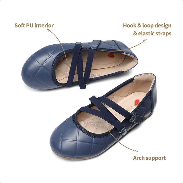 Girls Stitched Detail Elastic Crossover Straps Flats - NAVY - 3