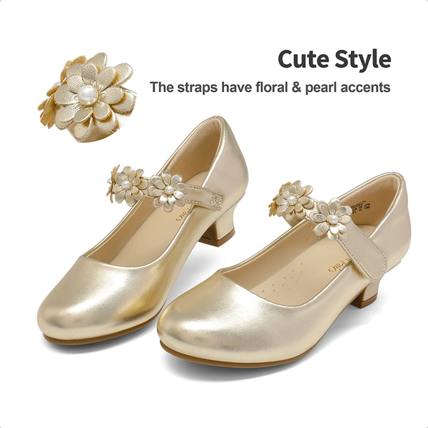 Girls Flower Mary Jane Low Heels - GOLD - 2