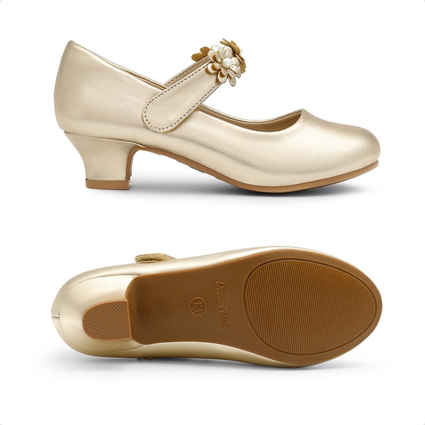 Girls Flower Mary Jane Low Heels - GOLD - 1
