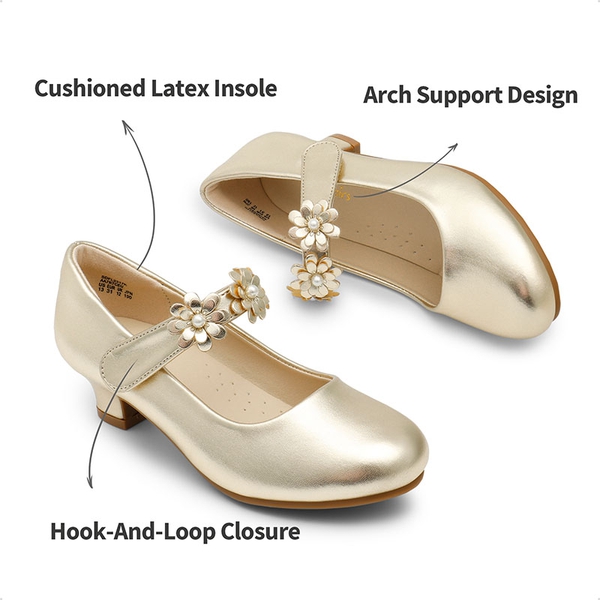 Girls Flower Mary Jane Low Heels - GOLD - 3