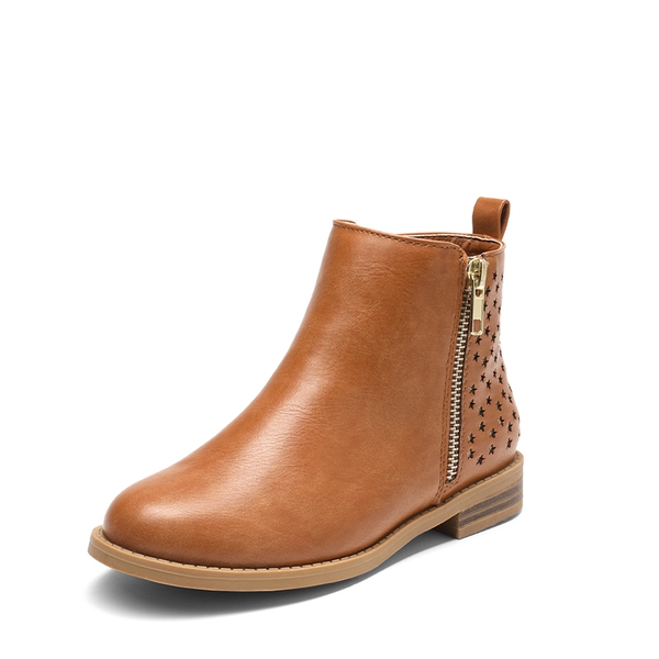 Kids Side Zipper Low Heel Ankle Boots - TAN PU -  0