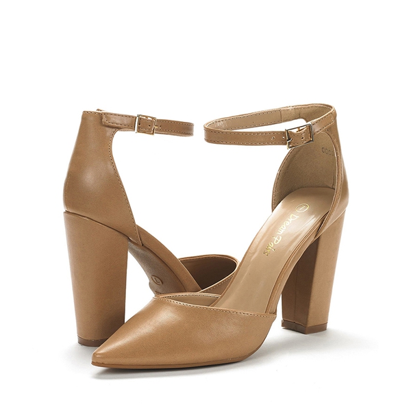 Pointed Toe Chunky Heel Pumps - NUDE PU - 5