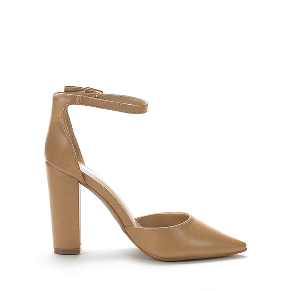 Pointed Toe Chunky Heel Pumps - NUDE PU - 2