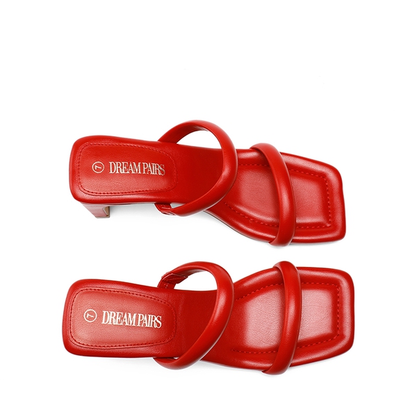 Square Toe Rectangular Double Strap Heel Sandals - RED - 4