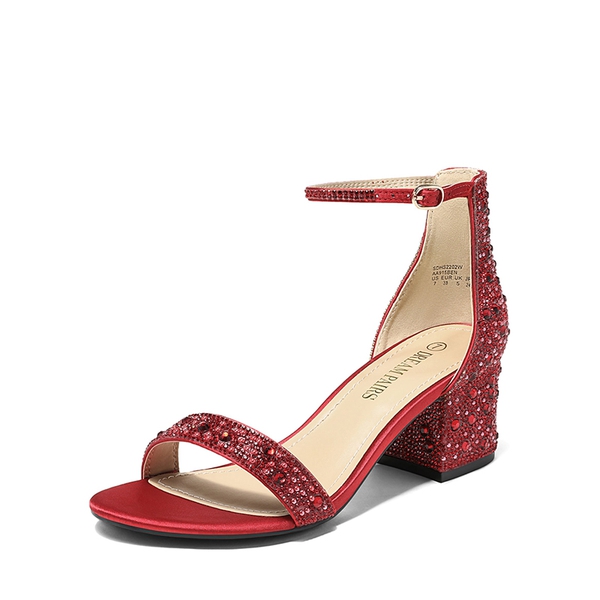 Rhinestone Low Chunky Heel Sandals - RED RHINESTONE -  0