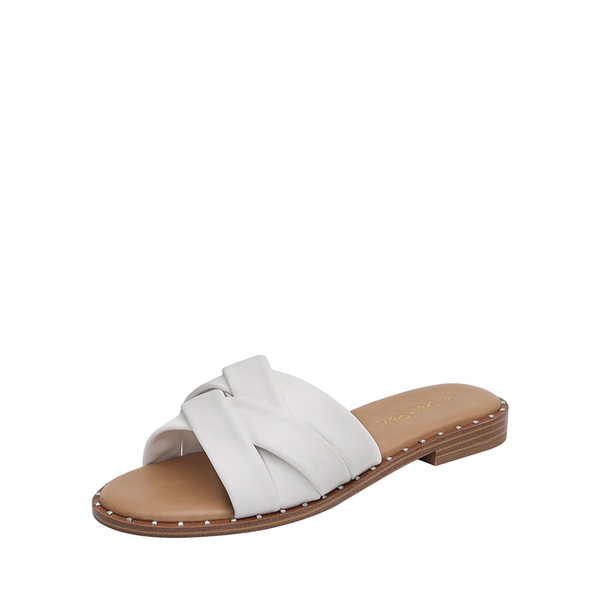 Studded Flat Slide Sandals - WHITE -  0