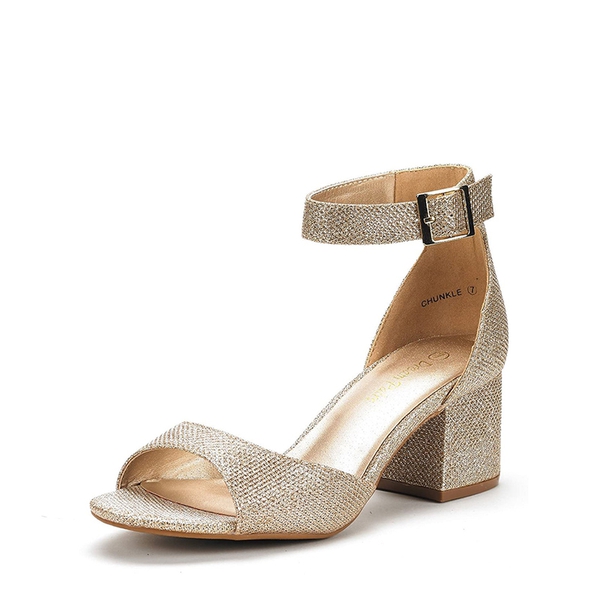 Chunkle Low Heel Ankle Strap Chunky Sandals - GOLD GLITTER -  0