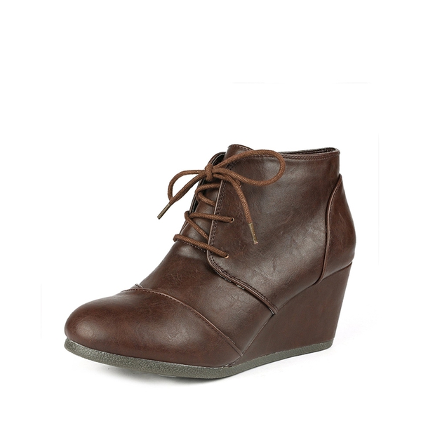 Lace Up Low Wedge Heel Ankle Boots - BROWN PU -  0
