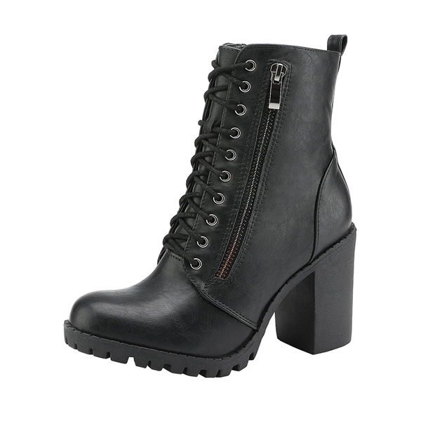Lace Up Chunky Heel Ankle Booties - BLACK -  0
