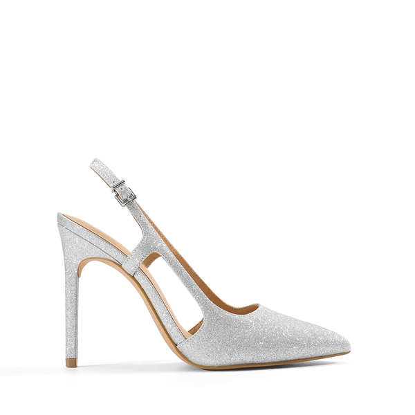 High Stiletto Pointed Toe Slingback Pumps - SILVER-GLITTER - 2