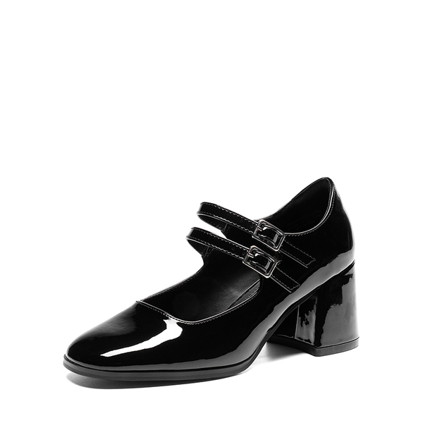 Double Straps Mary Janes Chunky Pumps - BLACK-PAT -  0
