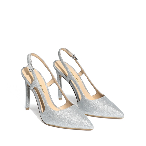 High Stiletto Pointed Toe Slingback Pumps - SILVER-GLITTER - 5