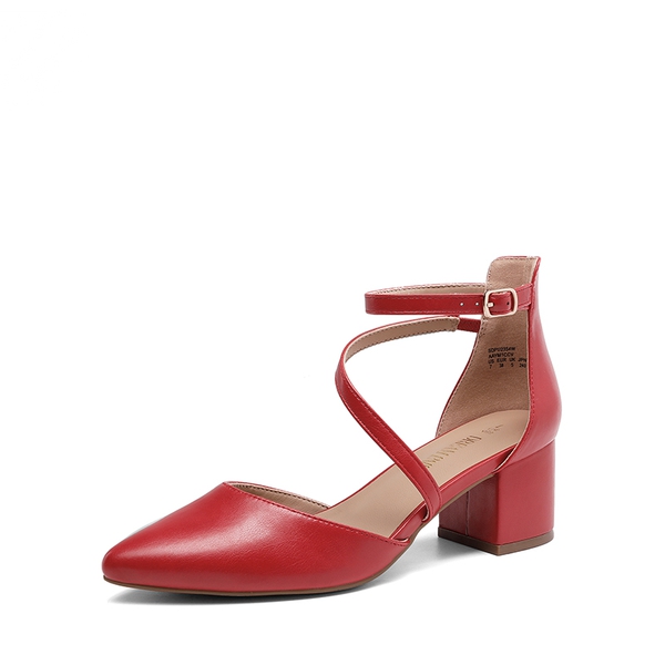Pointed Toe Strap Chunky Heel Pumps - RED-PU -  0