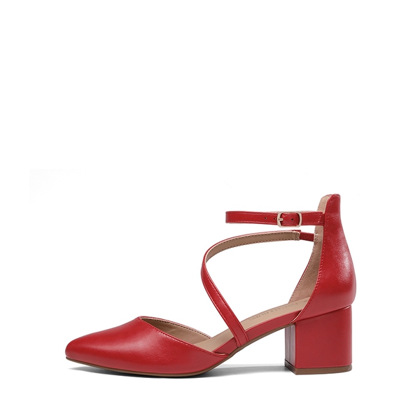 Pointed Toe Strap Chunky Heel Pumps - RED-PU - 3