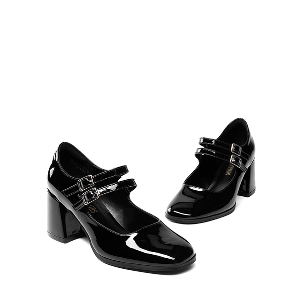 Double Straps Mary Janes Chunky Pumps - BLACK-PAT - 6