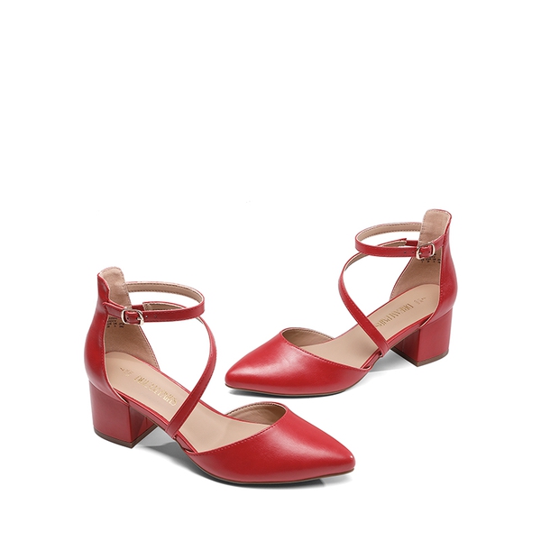 Pointed Toe Strap Chunky Heel Pumps - RED-PU - 6