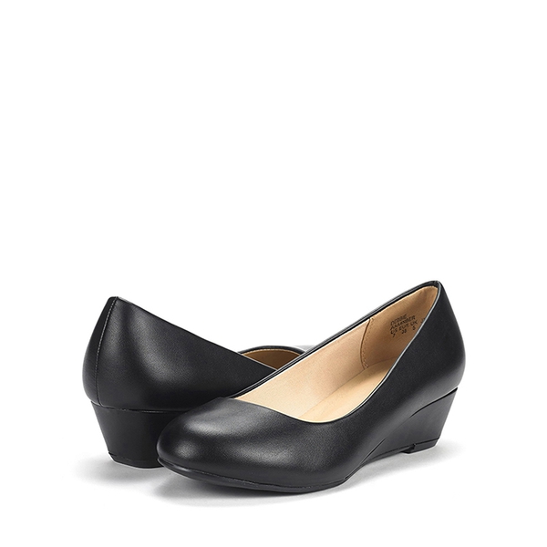 Mid Wedge Heel Pump Shoes - BLACK PU - 4