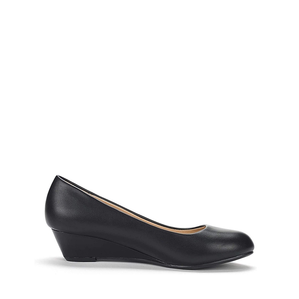 Mid Wedge Heel Pump Shoes - BLACK PU - 1
