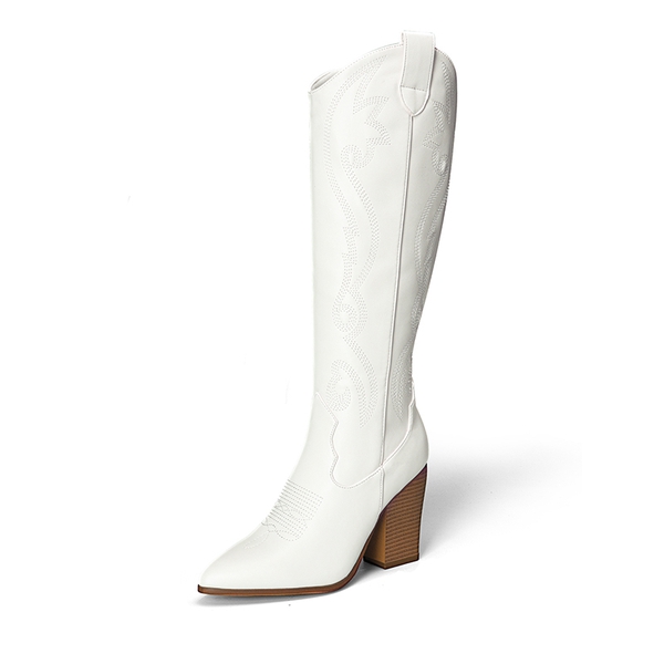  Pointed Toe Embroidered Cowboy Boots - WHITE -  0