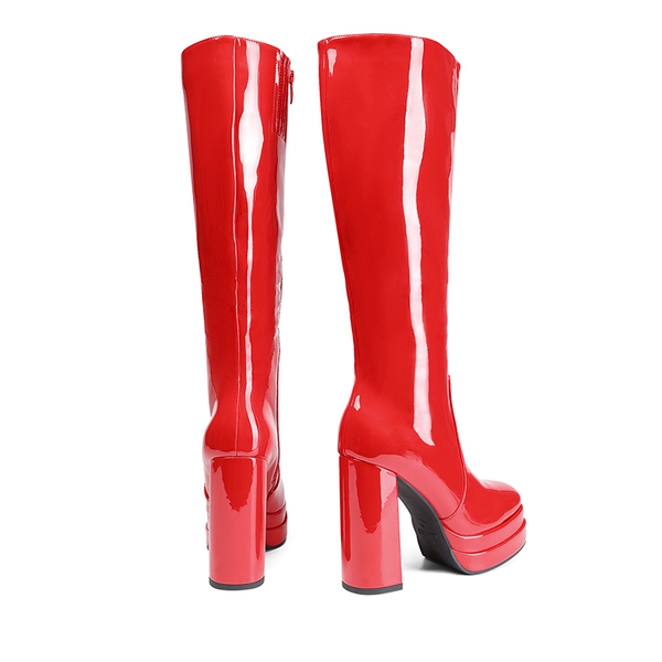 Platform Chunky Knee High Boots - RED-PAT - 4