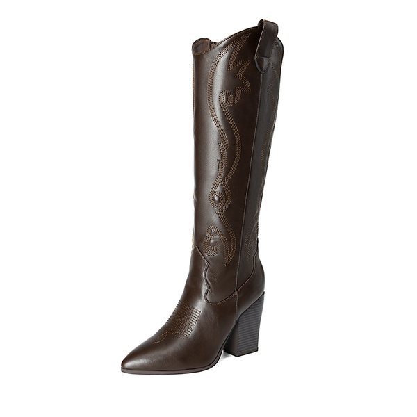  Pointed Toe Embroidered Cowboy Boots - BROWN -  0