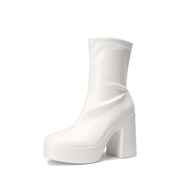Square Toe Platform Chunky Ankle Boots - WHITE -  0