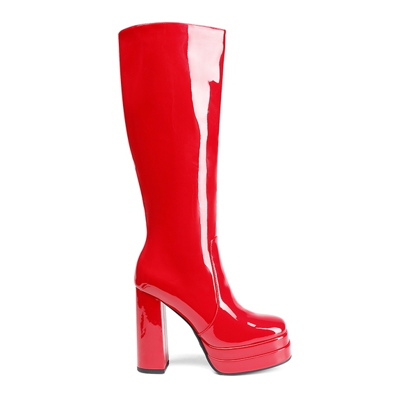 Platform Chunky Knee High Boots - RED-PAT - 2